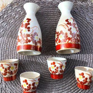 Decorated Japanese Sake Bottle and Cup Set